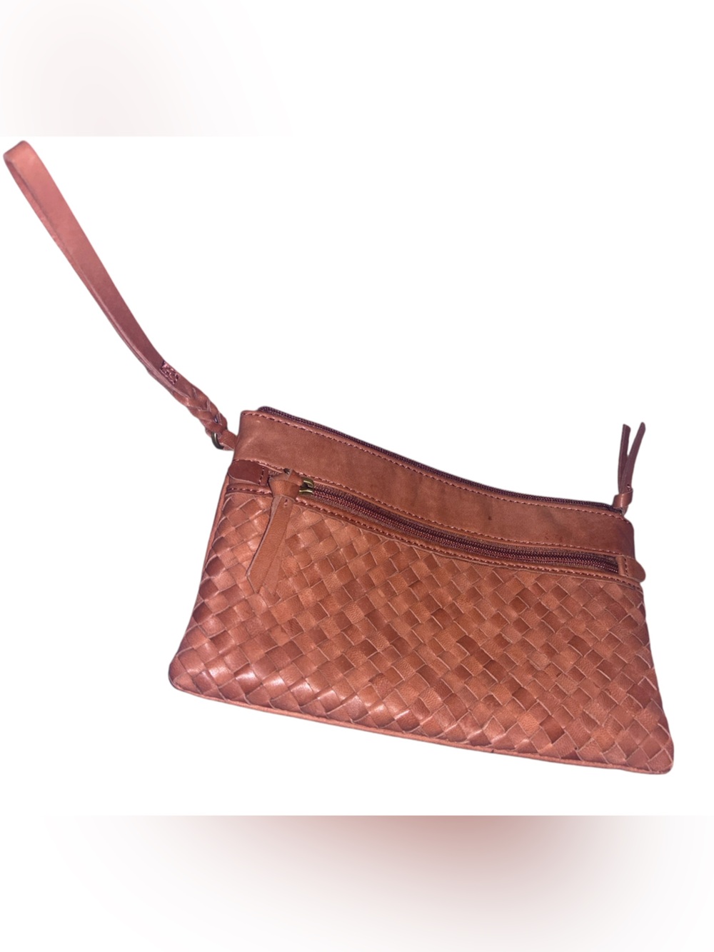 margot Woven Leather Wristlet Clutch - Cognac Brown